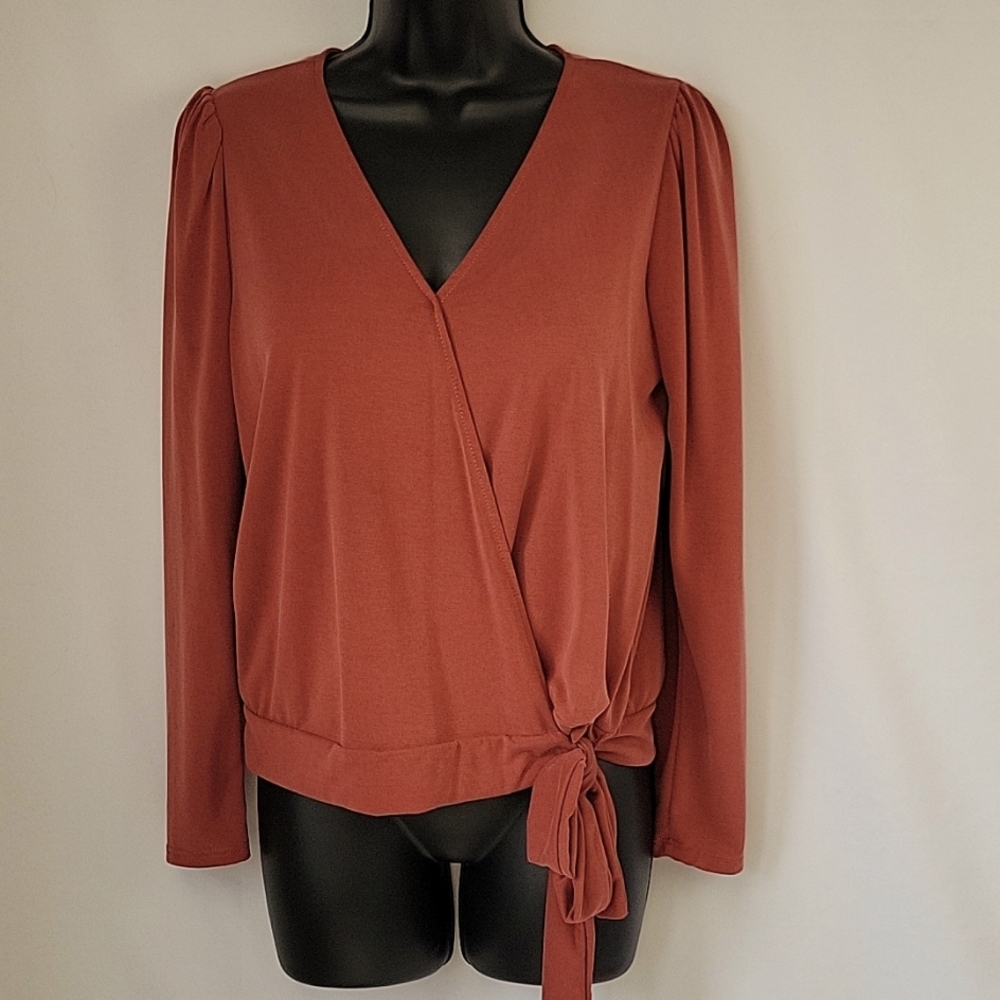 Green Envelope Surplice Tie Waist Long Sleeve Blouse Orange Size Small